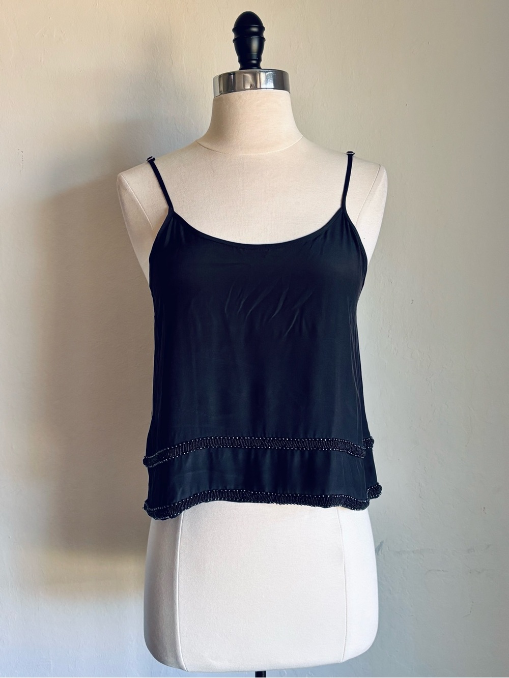 MLV Charlize Spaghetti Strap Silk Cami with Beaded Hem, Black, Sz XS NWT
